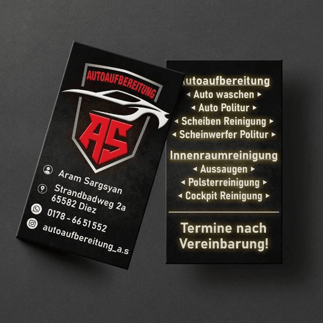 Visitenkarte Autoaufbereitung A S mit Kontaktdaten und Leistungen